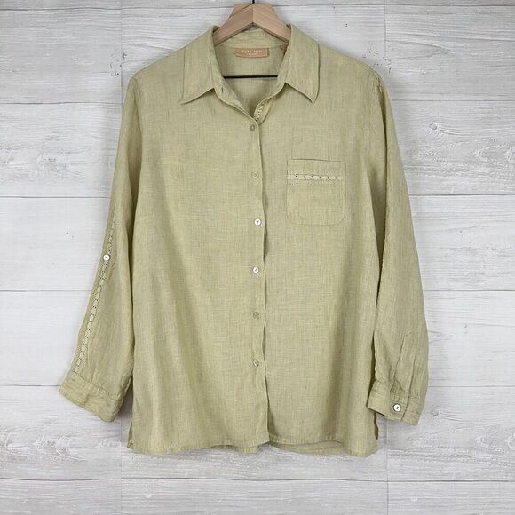 Kate Hill 100% Linen Shirt Women XL Button Up Pistachio Green Long Sleeve Top - Picture 1 of 12